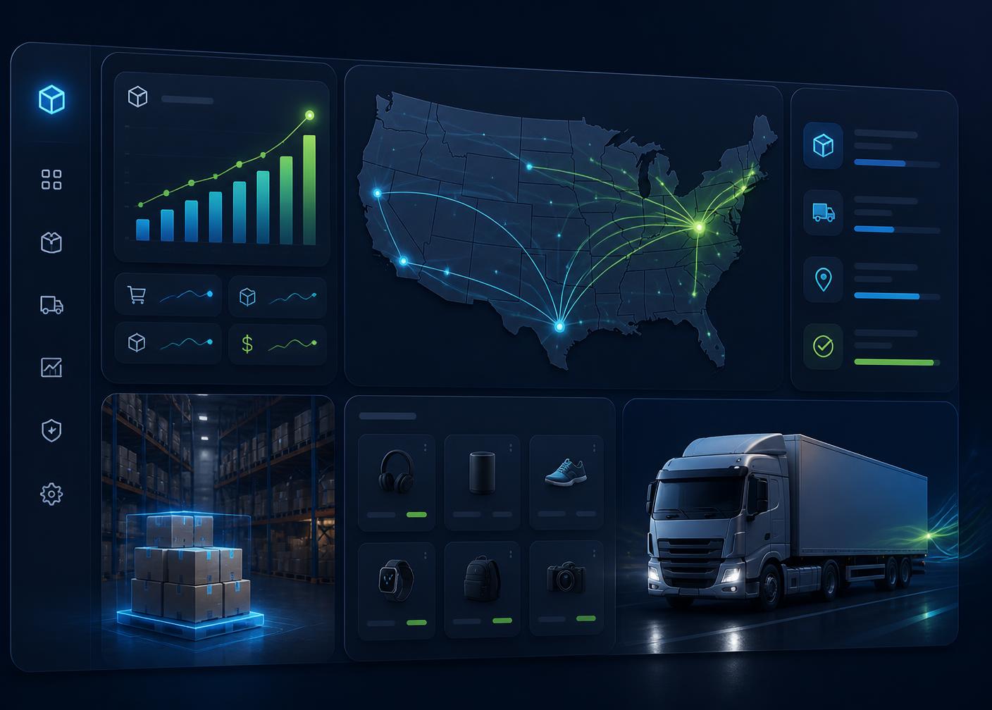 Rush Drop LK warehouse dashboard showing US shipping routes, live order analytics, and same-day fulfillment